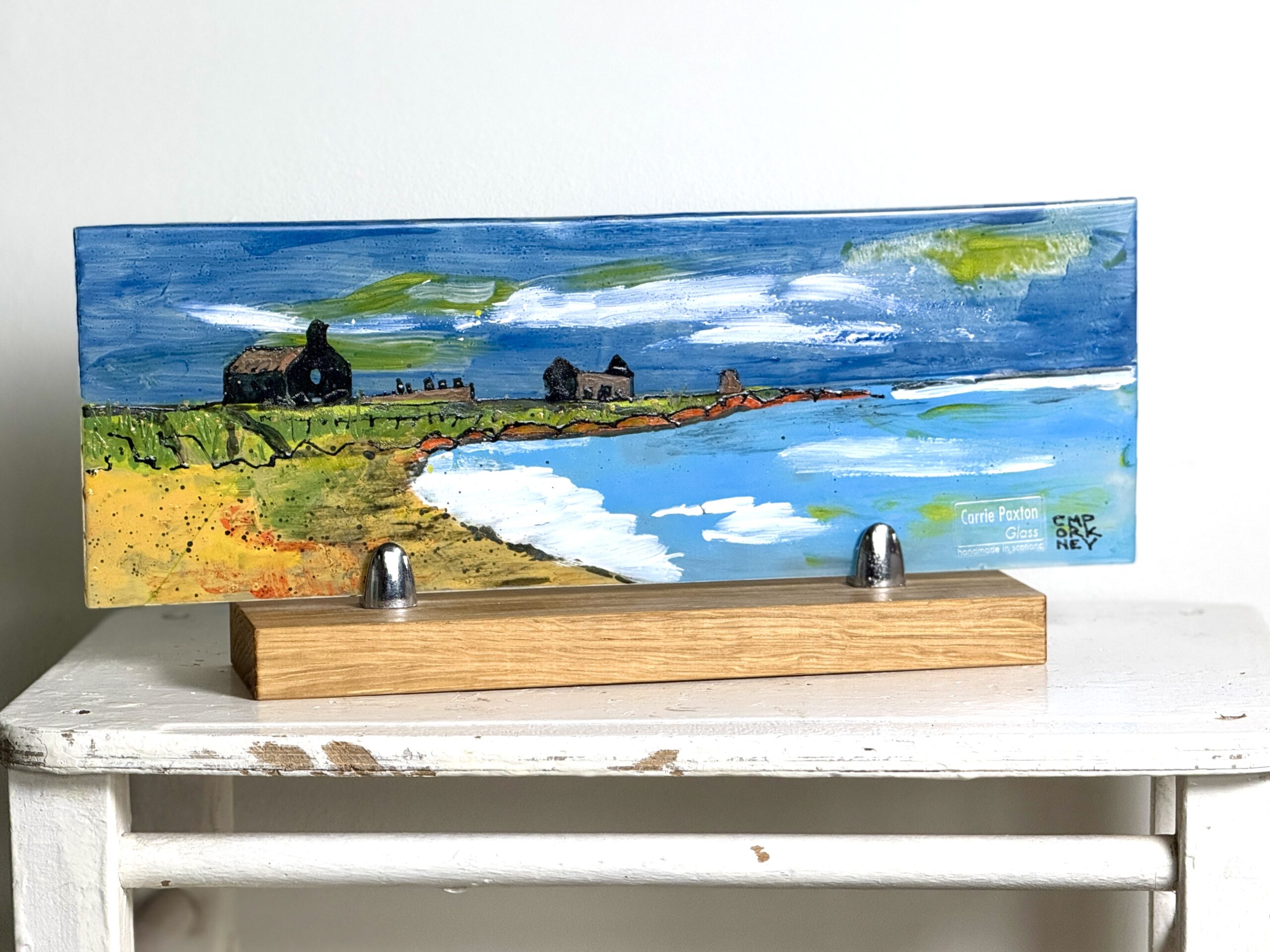 East Side Beach with St. Peter's Kirk. Panel in Oak stand