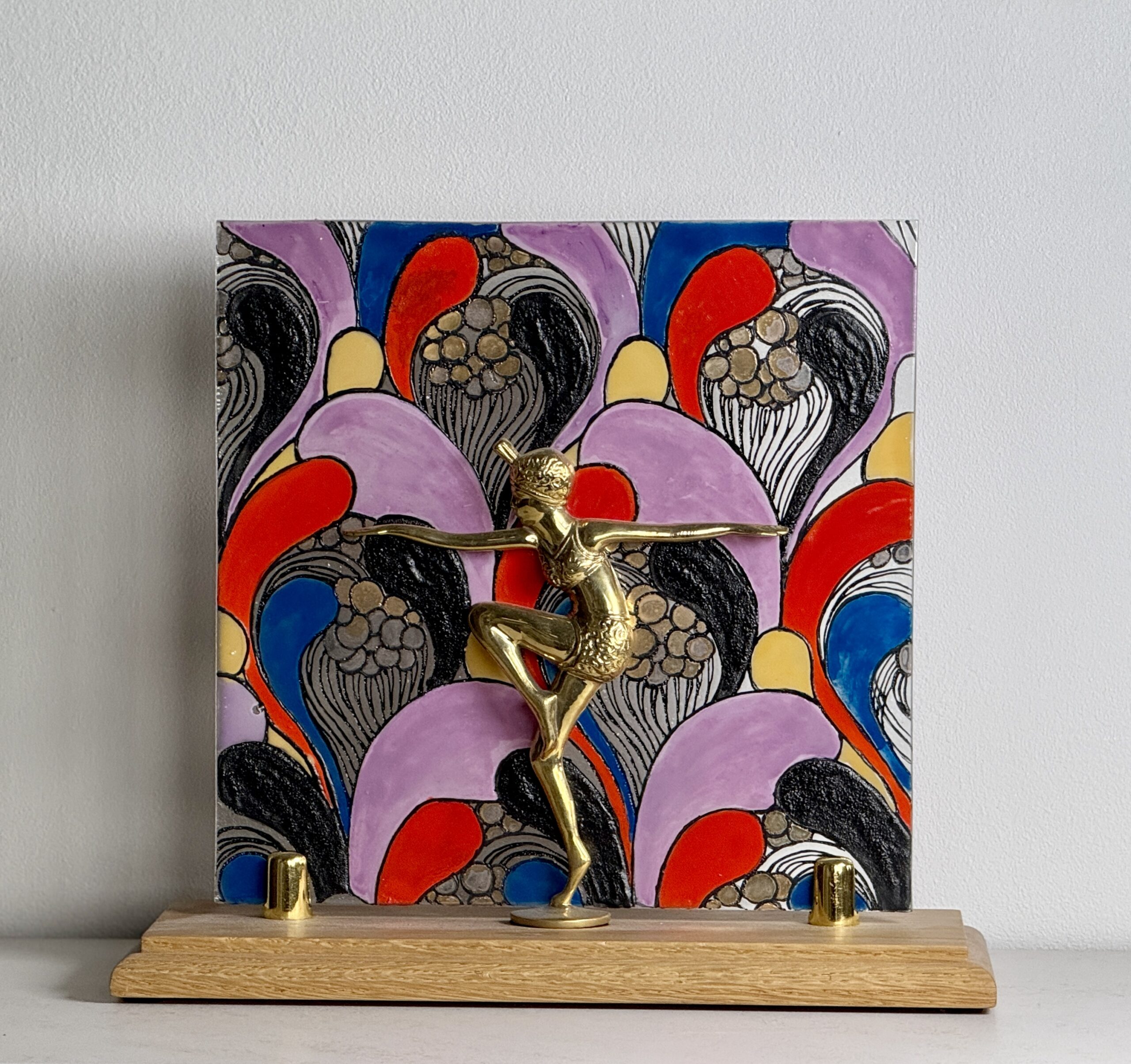Retro Deco Style Panel on Oak Stand with Gold Flapper figure - Image 5