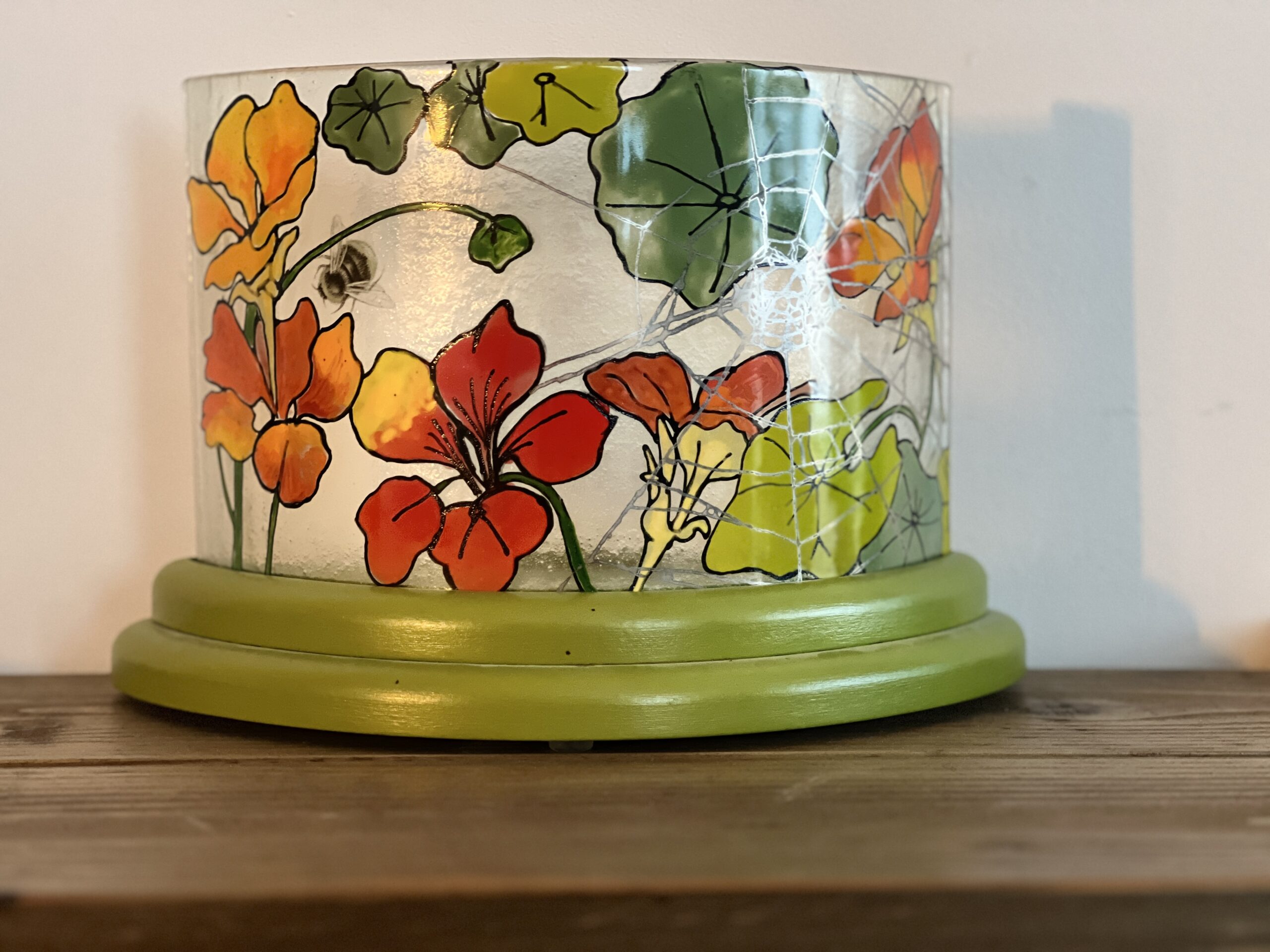 Vibrant Nasturtium Table Light with silver lustre cobweb