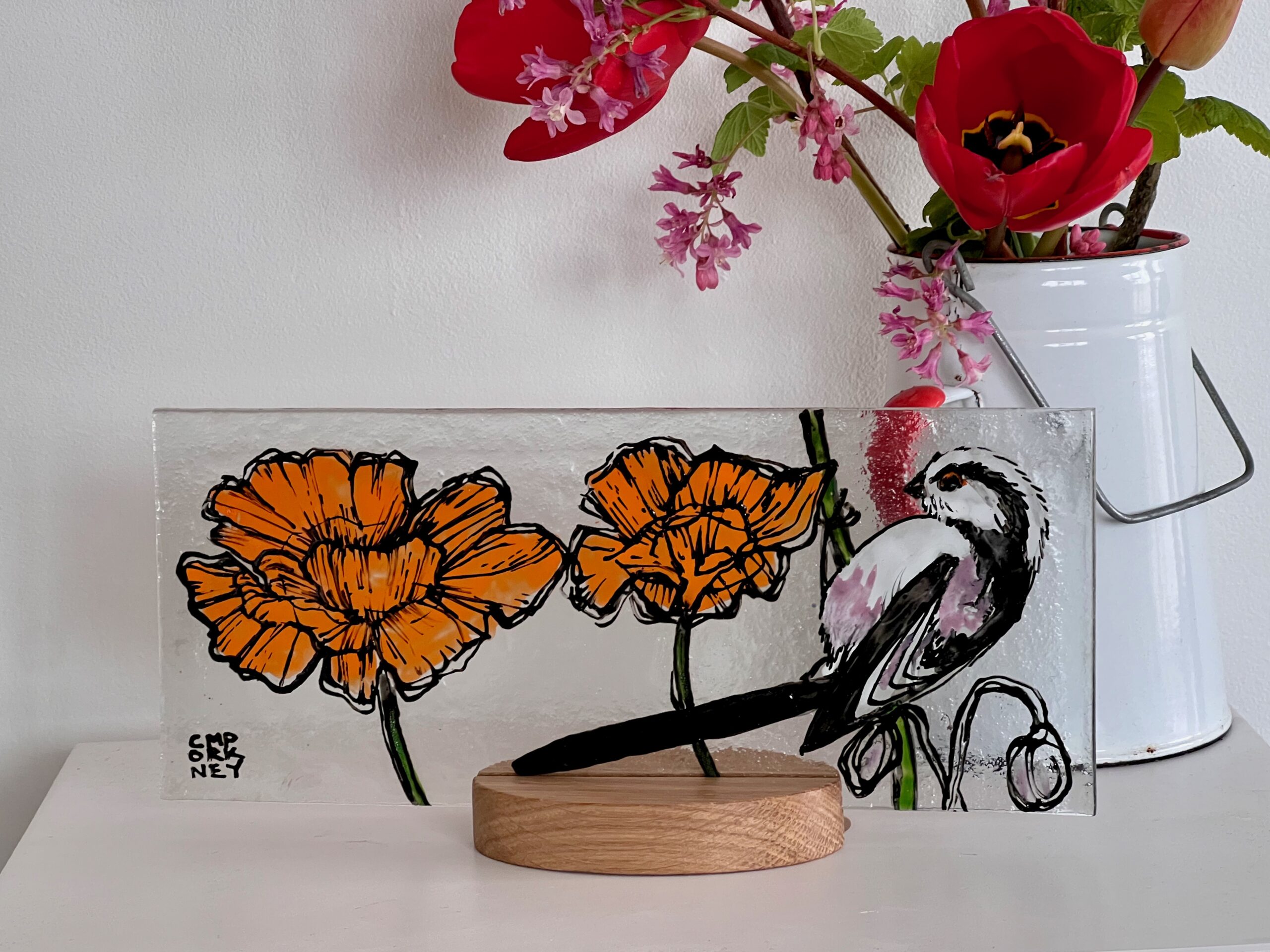 Orange Poppies and Long Tailed Tit on oak stand - Image 3
