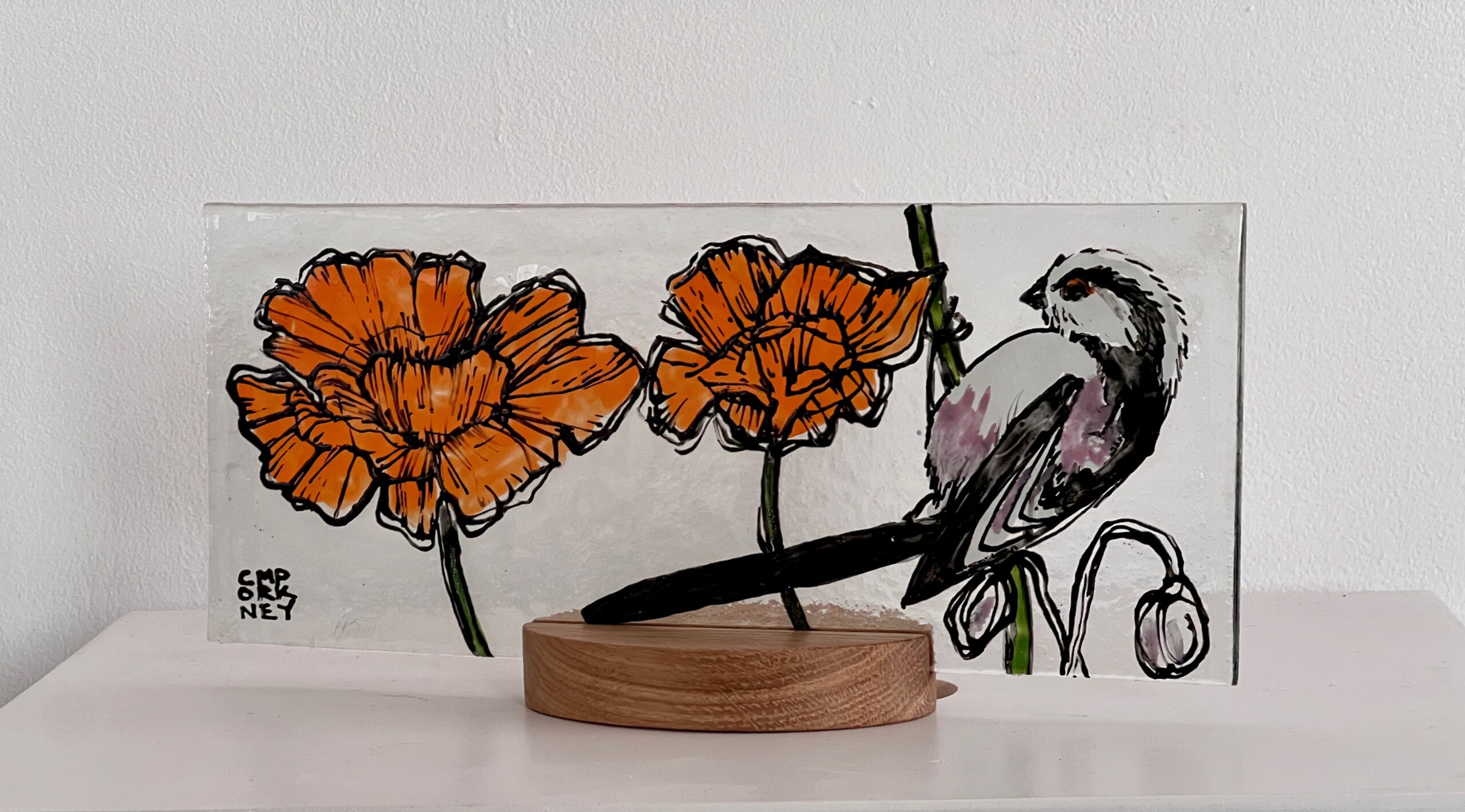 Orange Poppies and Long Tailed Tit on oak stand
