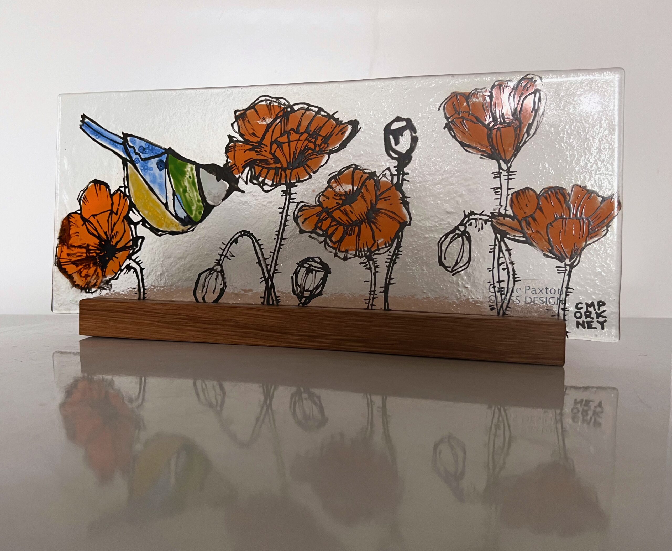 Poppies & Blue Tit Panel on Oak Stand - Image 3